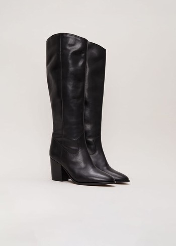 Phase Eight Black Leather Western Knee Boots Black USA | 7425819-UF